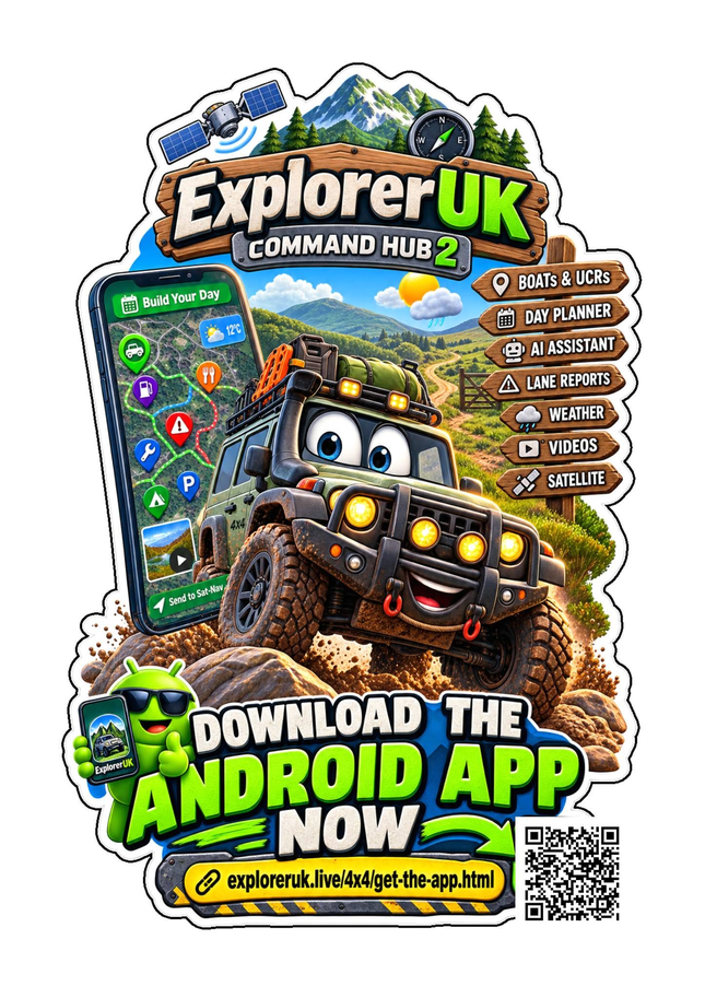 ExplorerUK on a phone beside a green lane and a 4x4