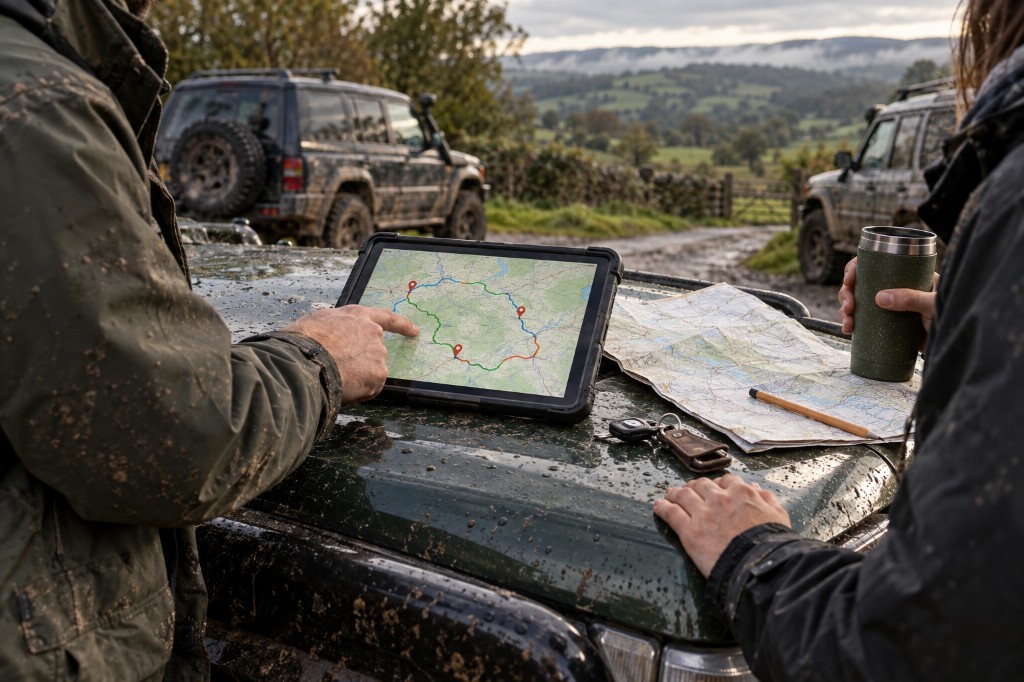 Day route on a tablet: several lanes joined, with stops marked