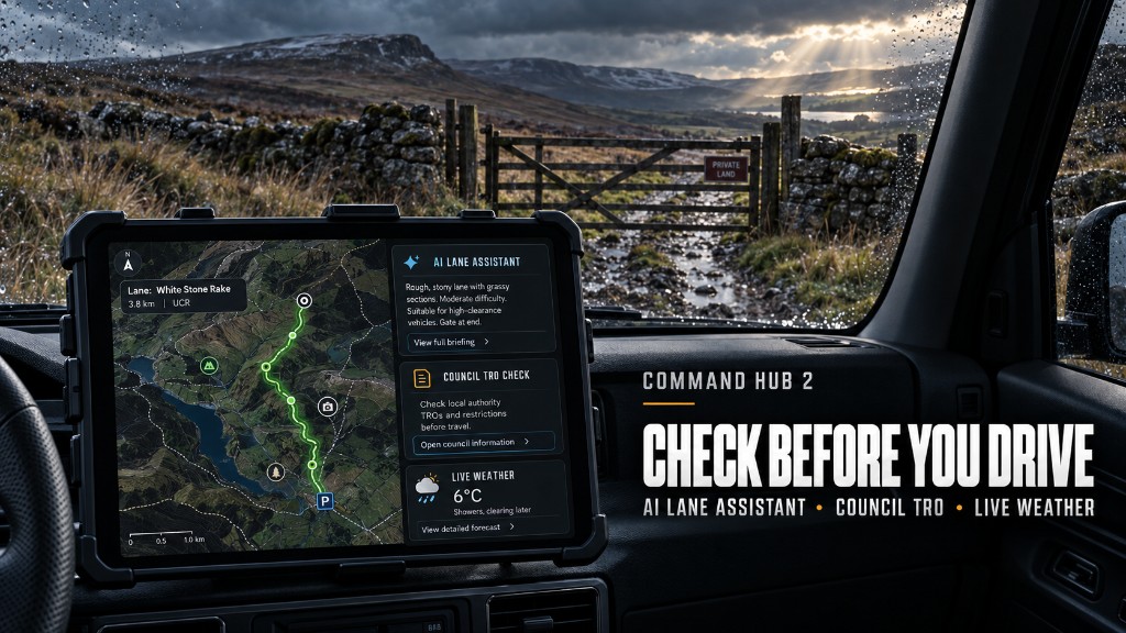 Command Hub 2 — AI Lane Assistant, council TRO check and weather before you drive